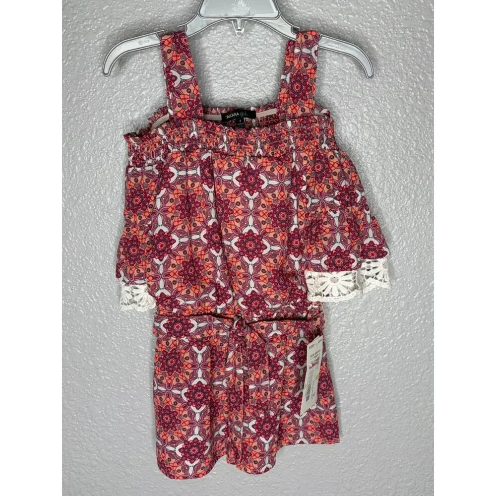 Tamara Girls Girls Red Mosaic Print Romper with Lace Trim size 4